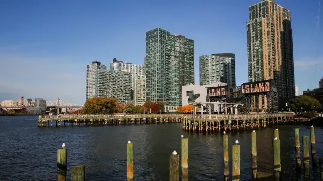 A photo of offices in New York, taken from the water.